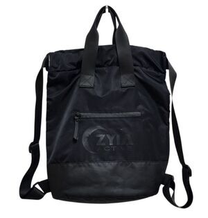 Zyia Active Vooray Backpack Cinch Bucket Bag Black Nylon Pockets Yoga Travel Gym